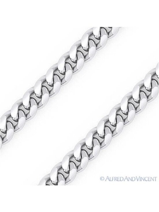 Solid Italy 925 Sterling Silver w/ Rhodium Oval Bead Link  1.9mm Miami Cuban / Curb Link Chain Necklace in .925 Sterling Silver w/ Rhodium